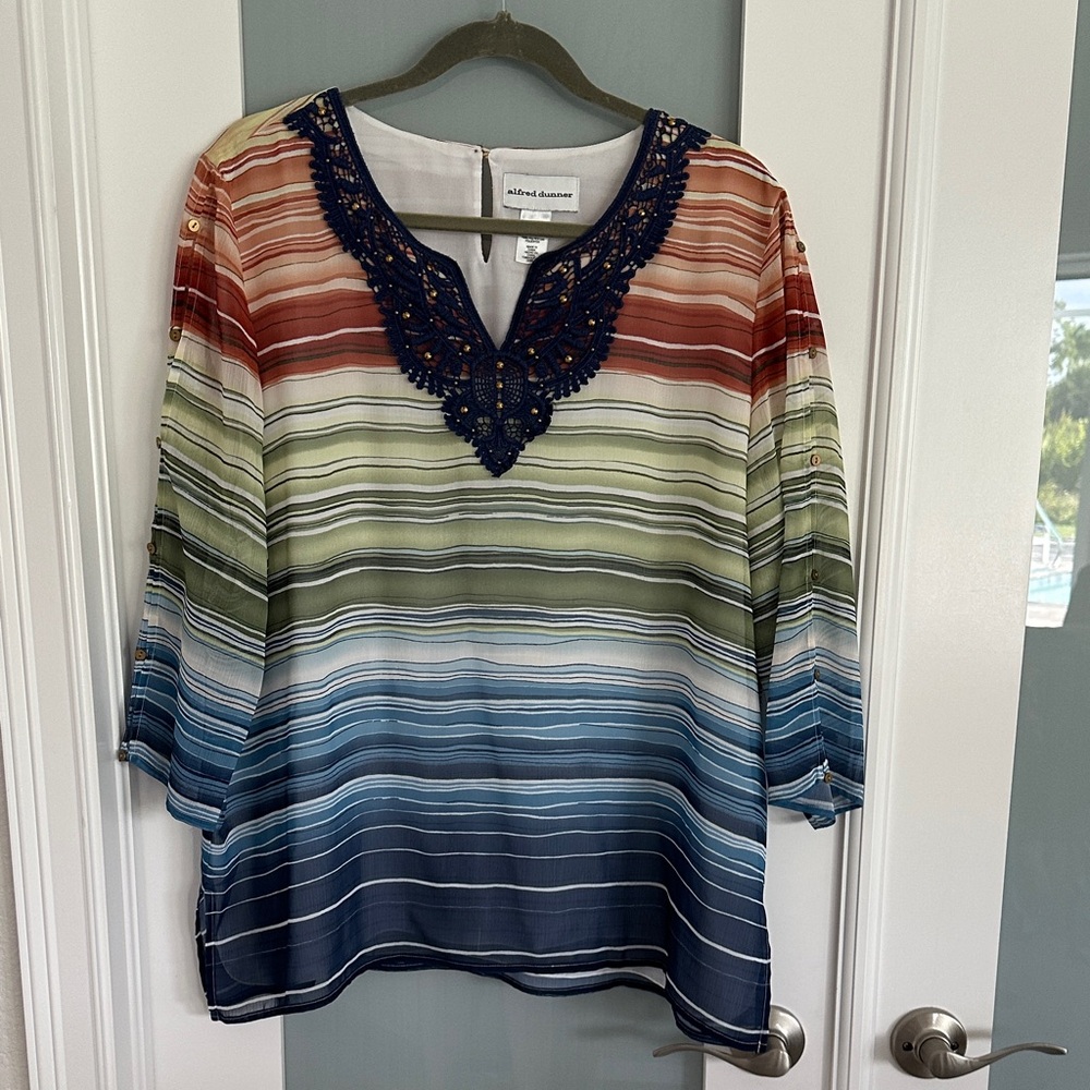 Alfred Dunner Navy and Multicolor Striped Blouse with Embroidered Neck